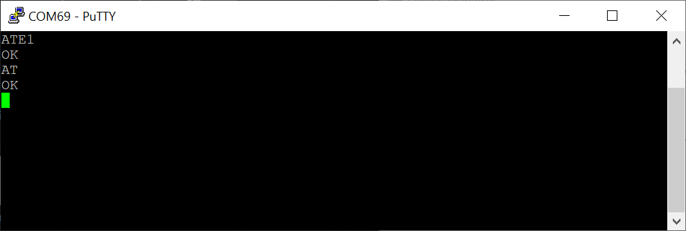 Screenshot 2. Testing the COM port with AT commands in putty